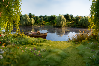 Ratty from The Wind in the Willows lying in a boat an a lake