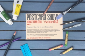 Postcard Show Artist Open call flyer surrounded by paintbrushes, pencils and paints