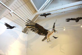 Sculpture of a bearded vulture made from litter and fly-tipped materials by artist Michelle Reader