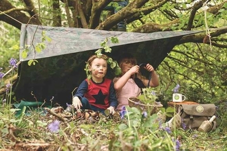 Children playing in a woodland. Two children are climbing a tree and two more are sat in a den with binoculars in behind some bluebells