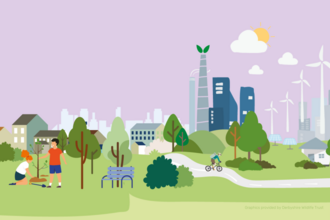 A graphic illustration of an cityscape with wind turbines, green space and lots of trees and plants