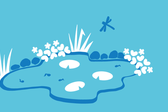 illustration of a pond wurrounded by rocks and plants. Tadpoles are swimmin gin the pond and a dragonfly flies above it