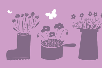 Illustration of a boot, saucepan and plant pot planted with flowers which are being visited by bees and butterflies