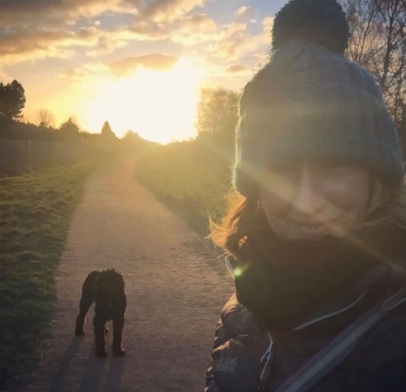 Lucy Briggs with Molly walking at Attenborough Nature Reserve