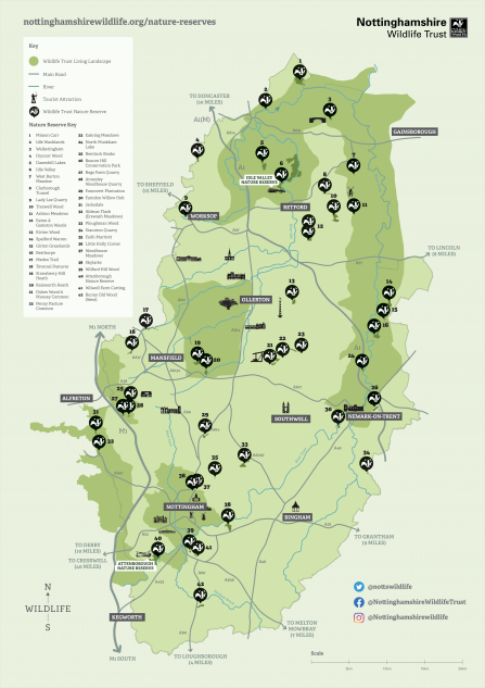 Map of all Nottinghamshire Wildlife Trust Nature Reserves