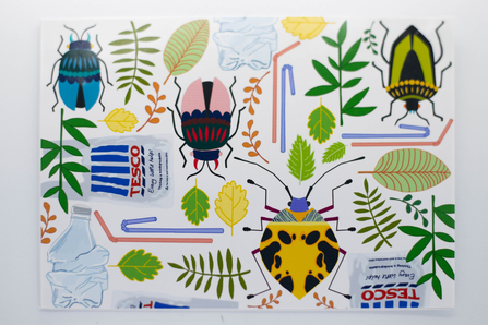 Postcard Show entry Bugs in the Mud. Colourful graphic design featuring beetles, leaves and plants alongside plastic straws, tesco single use carrier bags and plastic bottles.