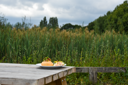wrap on a plate on a picnic bench with reeds in background