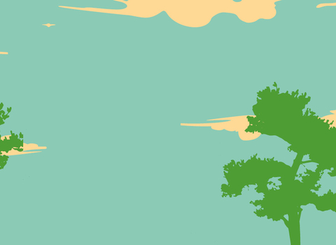 illustration of a teal background with clouds and green silhouettes of trees