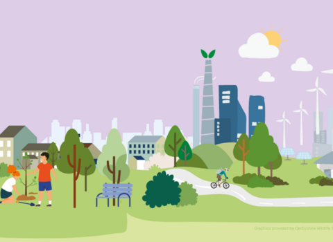 A graphic illustration of an cityscape with wind turbines, green space and lots of trees and plants