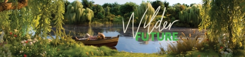 Ratty from The Wind in the Willows lying in a boat an a lake with Wilder Future Logo