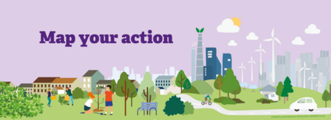 Map your action written in purple text. An illustrated landscape shows houses surrounded by greenspace and trees, high-rises and wind turbines