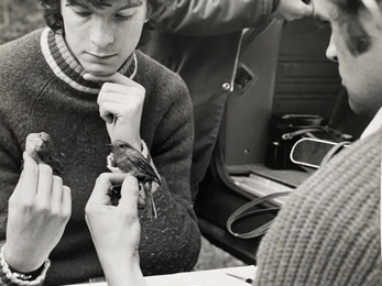 Peter Kirmond Treswell bird ringing group 1978 holding a spotted flycatcher