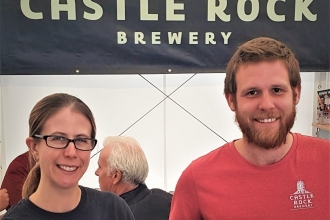 Holly McCain of Nottinghamshire Wildlife Trust with Castle Rock Brewery Head of Marketing Lewis Townsend