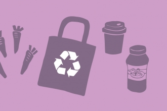 Use less plastic graphic of vegetables, reusable bag and cups