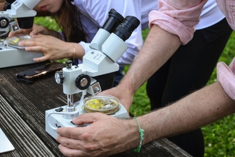 Close up of people using micorspcopes outdoors
