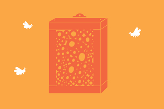 Illustration of a dark orange bee hotel on a pale orange background surrounded by buzzing white bees