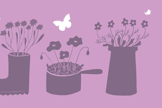 Purple illustration of a container garden. Flowers growing from a boot, a saucepan and a small plant pot attracting white bees and butterflies on a lilac background