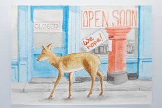 Postcard Show Art, deer in town