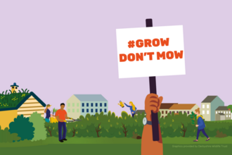 An illustration of some houses surrounded by hedgerows and an arm holding a sign saying #grow don't mow