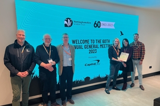 Left to Right: From Nottinghamshire Wildlife Trust, Paul Wilkinson Chief Executive, Colin Gibson Trustee Treasurer, Nick Parson Trustee Chair, Emily Patrick Partnerships and Grants Manager with Tanya Brown Visual Designer and Green Champion lead, Dave Richards Head of Corporate Responsibility at Capital One.