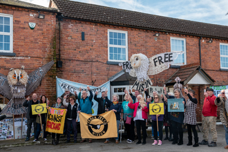 Wildlife Trust and fracking campaigners celebrating in front of pub