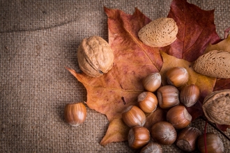Nuts and autumn leaves