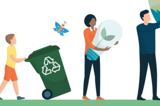 Illustration of people in a green space, doing various green activities such as planting and recycling.  Three people are holding up Planet Earth.