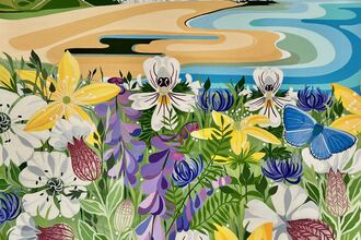 Stylised picture of flowers with a beach and white cliffs in the background
