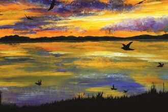 Painting of a sunset over a lake, birds flying around