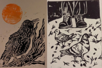 A row of four christmas cards made using lino print