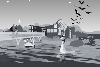 Illustration of Attenborough Nature Centre at twilight with bats