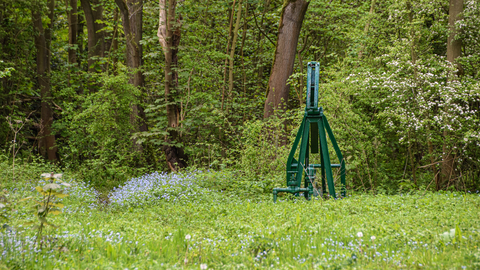 Nodding donkey amongst trees and spring flowers