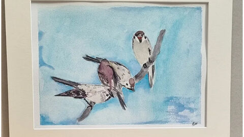 Painting of birds on a branch