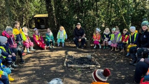 Kids sitting in tree stumps in the woods