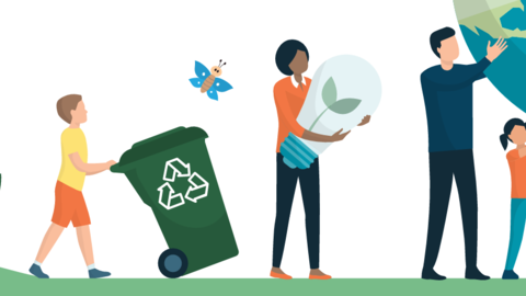 Illustration of people in a green space, doing various green activities such as planting and recycling.  Three people are holding up Planet Earth.