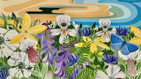 Stylised picture of flowers with a beach and white cliffs in the background