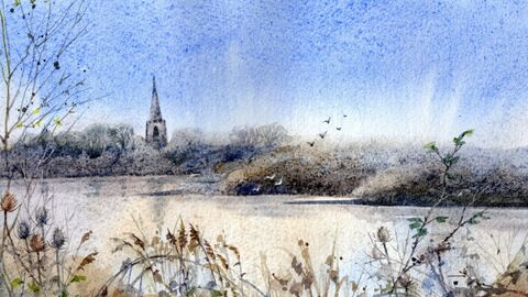 Painting of pond with plants in front, trees and bushes in the background with a church steeple. 