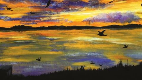 Painting of a sunset over a lake, birds flying around