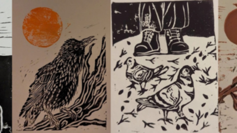 A row of four christmas cards made using lino print