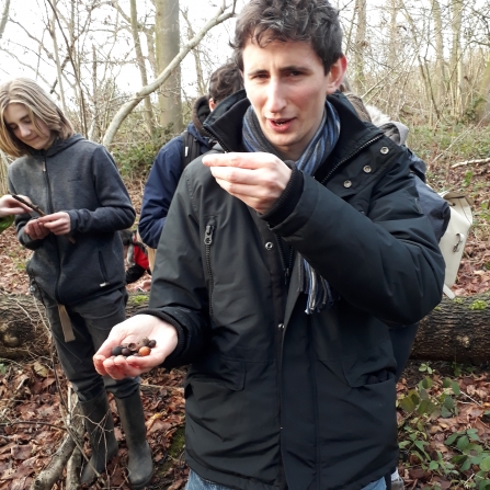 Alex Duncan with a handful of dormice nibbled hazelnuts