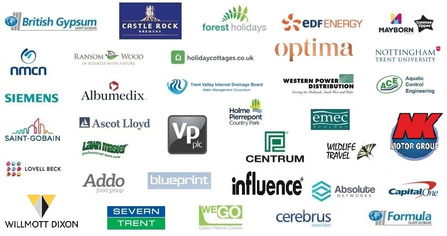 Business partner logos for British Gypsum, EDF Energy, Optima, Nottingham Trent University, Centrum Pile, NK Motors, Capital One, Severn Trent , among others