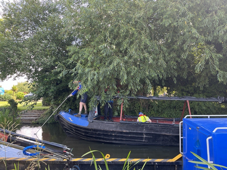 Person on canal boat with thick trees