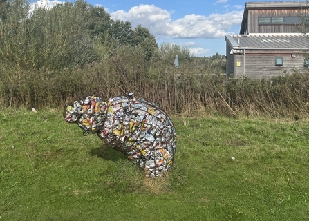 Beaver cage full of recycled cans outside Idle Valley Centre