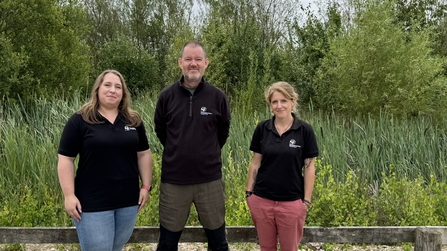 Three people stood infront of a wildlife pond with lots of pond vegetation