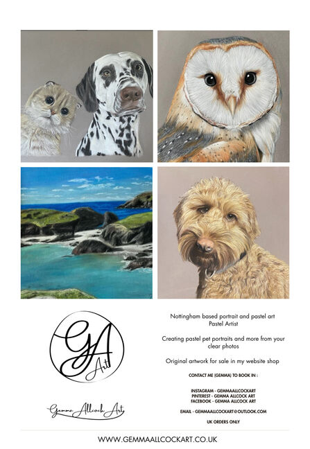Poster showing various Gemma Allcock pictures, one of a dog and cat, one of barn owl, one of a shoreline landscape, and one of a dog