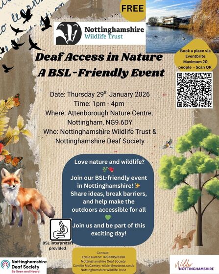 Deaf Access in Nature A BSL-Friendly Event Date Thursday 29th January 2026 Time 1pm-4pm Where Attenborough Nature Centre Nottingham NG9 6DY, Nottinghamshire Wildlife Trust & Nottinghamshire Deaf Society