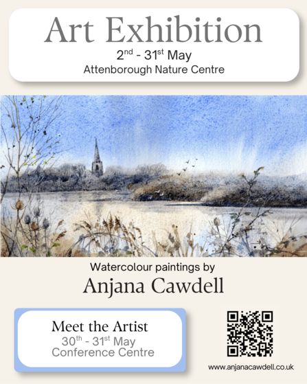 Art Exhibition 2nd - 31st May Attenborough Nature Centre. Watercolour paintings by Anjana Cawdell Meet the Artist 30th-31st May Conference Room www.anjanacawdell.co.uk