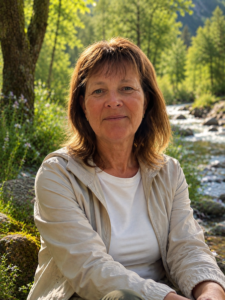 Lady sat by a river and surrounding woodland