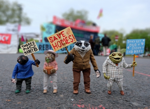 The Wind in the Willows characters with campaign placards