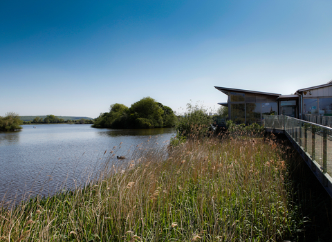 A view of Attenborough nature centre and reserve from the end of the walkway